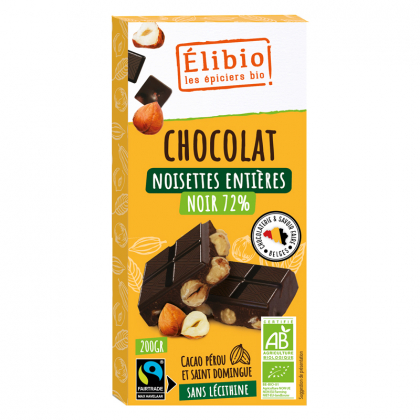 Chocolat noir bio aux noisettes entières - 72% de cacao - 200g