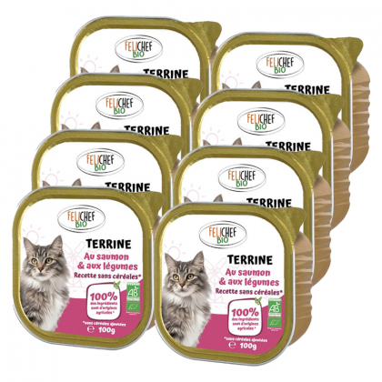 Terrine de saumon et légumes sans céréales pour chat - Lot de 8 x 100g