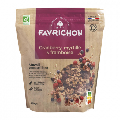 Muesli bio croustillant - Cranberry myrtille et framboise - 450g